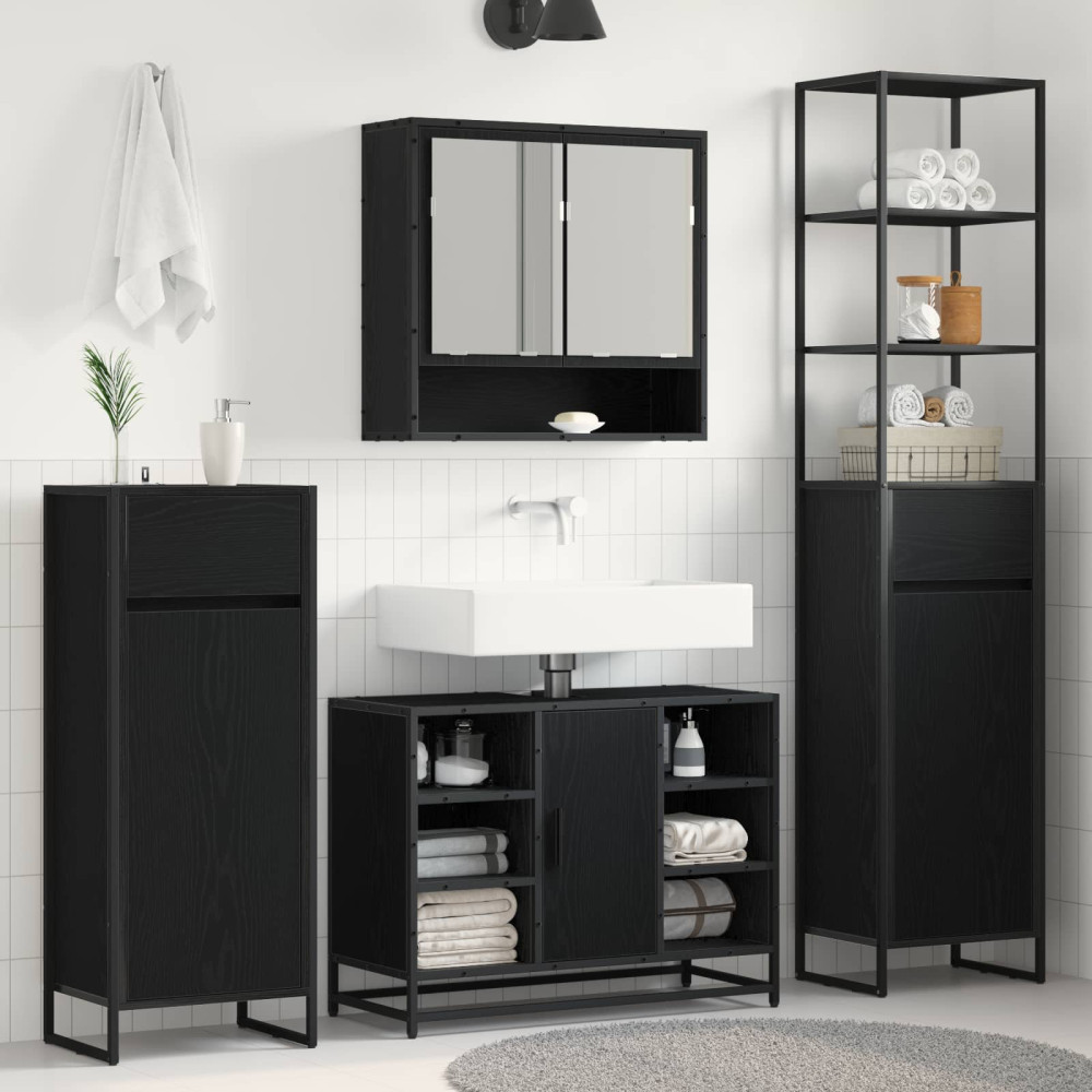 Produktbild för Badrumsskåp med låda Svart Ek 40 x 30 x 100 cm Konstruerat trä