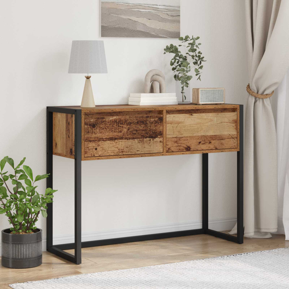 Produktbild för Sidobord med låda Gammalt trä 100 x 36 x 75 cm Konstruerat trä