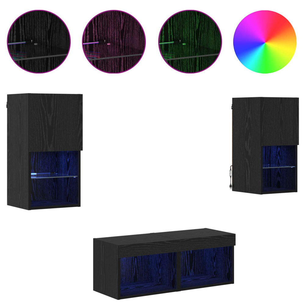 Produktbild för TV-väggskåp med LED -remsljus 4 pcs Svart Ek Konstruerat trä