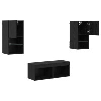 Produktbild för TV-väggskåp med LED -remsljus 4 pcs Svart Ek Konstruerat trä