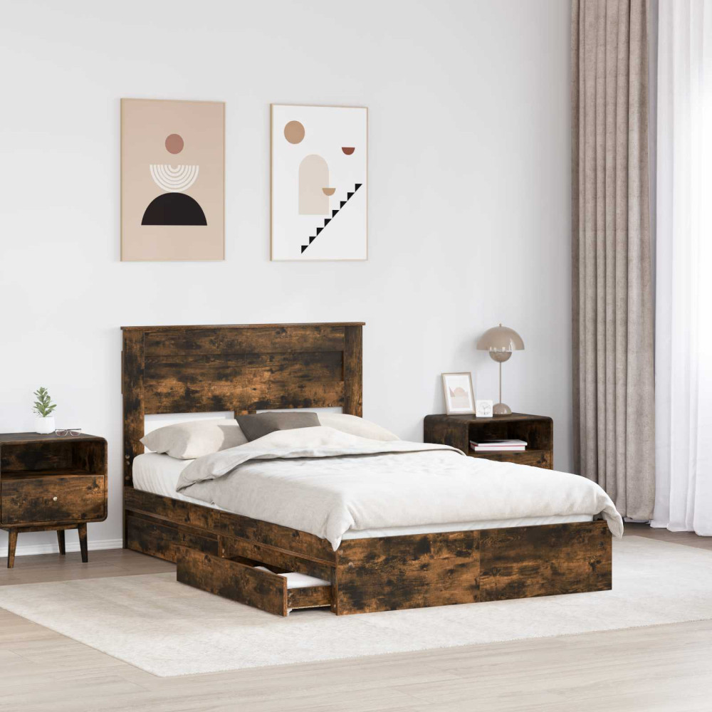 Produktbild för Förvaringssäng med låda Rökt ek 135 x 190 cm Konstruerat trä