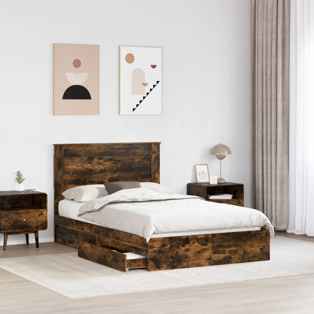 Produktbild för Förvaringssäng med låda Rökt ek 135 x 190 cm Konstruerat trä