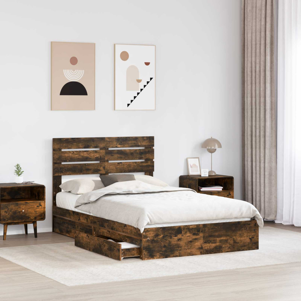 Produktbild för Förvaringssäng med låda Rökt ek 135 x 190 cm Konstruerat trä