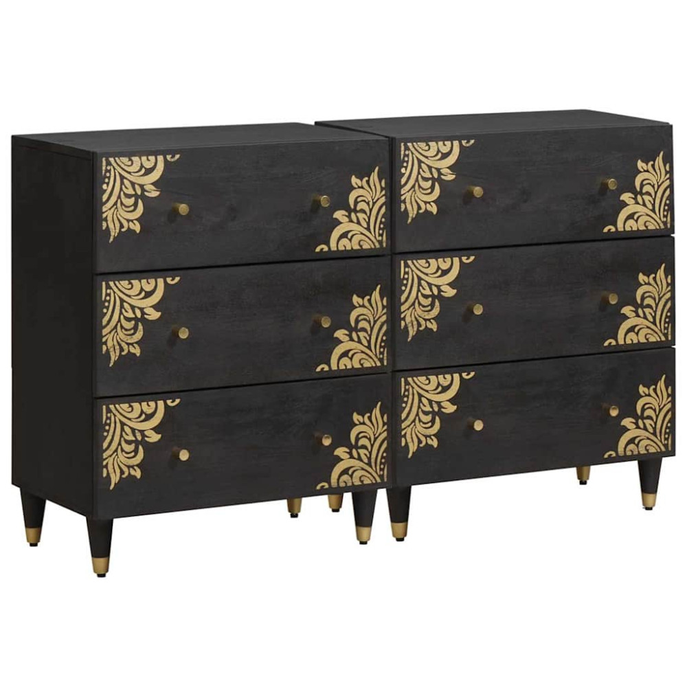 Produktbild för Sideboard med låda 2 pcs Svart 60 x 33 x 75 cm Massivt mangoträ