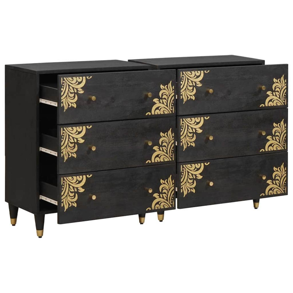 Produktbild för Sideboard med låda 2 pcs Svart 60 x 33 x 75 cm Massivt mangoträ