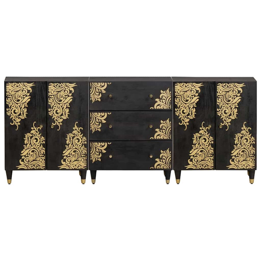 Produktbild för Badrumsskåpsset 3 pcs Svart 180 x 33 x 75 cm Massivt mangoträ