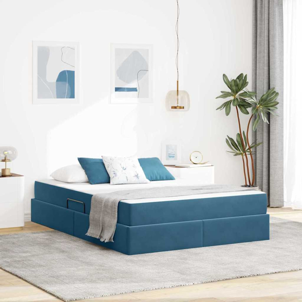 Produktbild för Förvaringssäng med madrass Mörkblå 140 x 200 cm Sammet