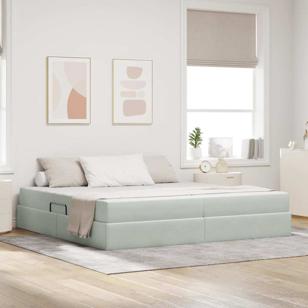 Produktbild för Förvaringssäng med madrass Ljusgrå 200 x 200 cm Sammet