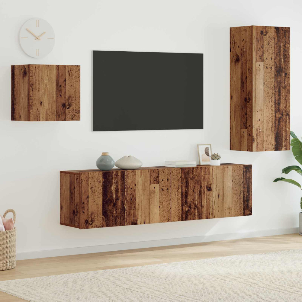 Produktbild för TV-skåp Väggmonterad 4 pcs Gammalt trä Konstruerat trä