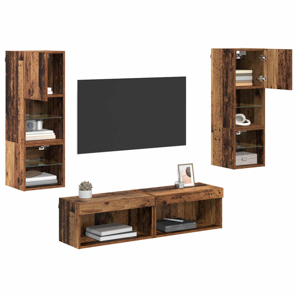 Produktbild för TV-väggmodul Väggmonterad 6 pcs Gammalt trä Konstruerat trä