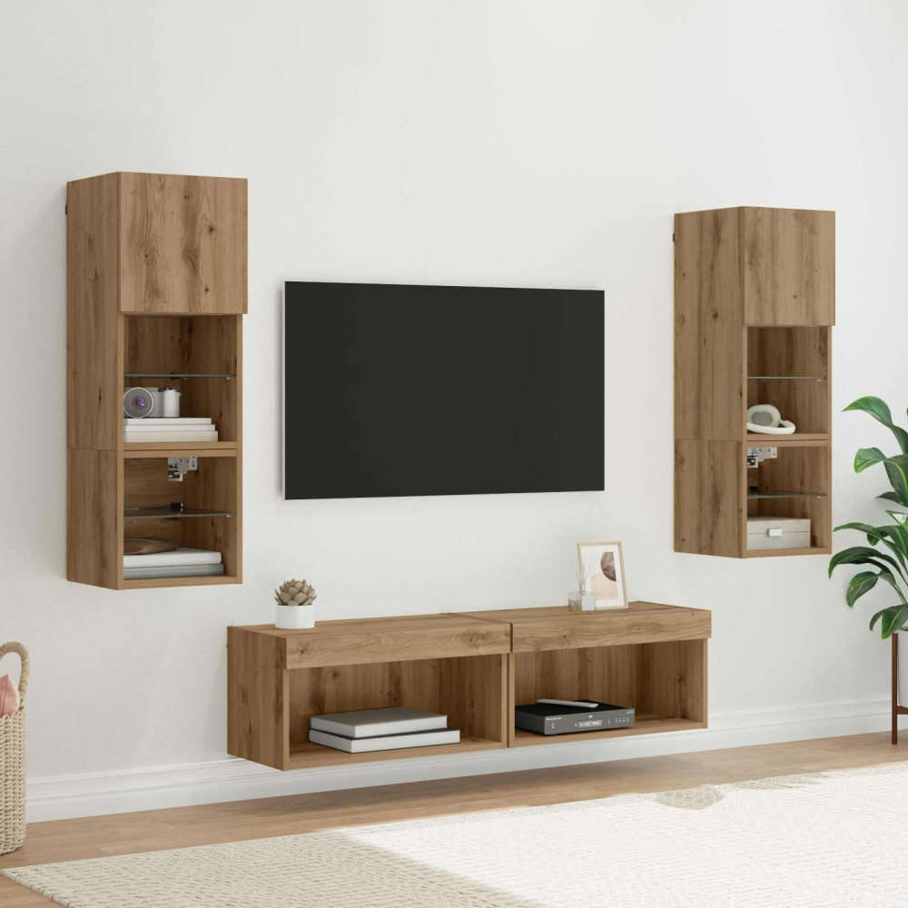 Produktbild för TV-väggmodul med LED -remsljus 6 pcs Artisan Ek Konstruerat trä