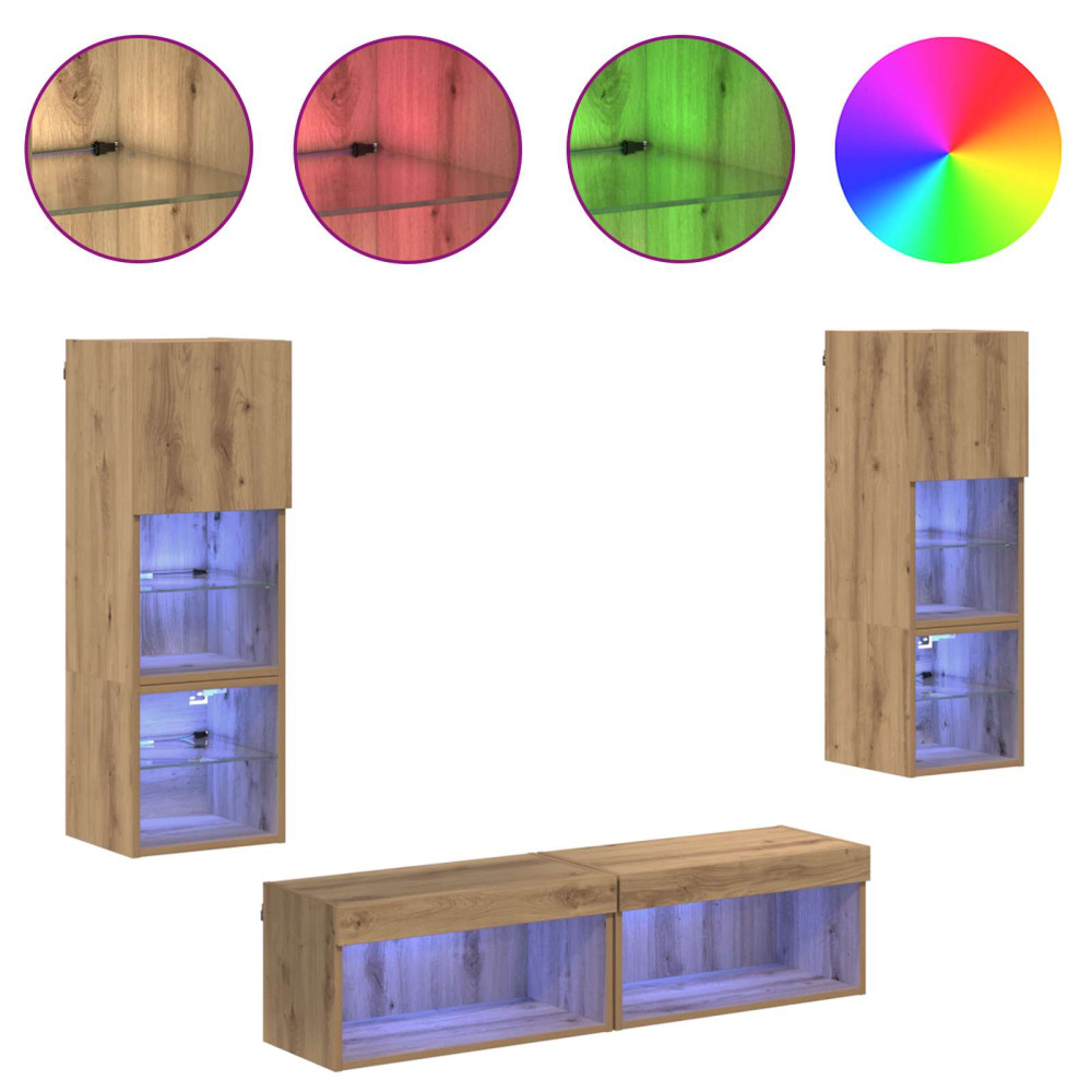 Produktbild för TV-väggmodul med LED -remsljus 6 pcs Artisan Ek Konstruerat trä