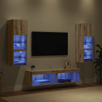 Produktbild för TV-väggmodul med LED -remsljus 6 pcs Artisan Ek Konstruerat trä