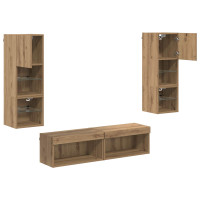 Produktbild för TV-väggmodul med LED -remsljus 6 pcs Artisan Ek Konstruerat trä