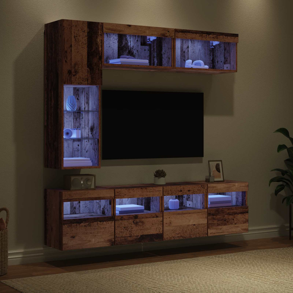 Produktbild för TV-skåp med led Väggmonterad 7 pcs Gammalt trä Konstruerat trä