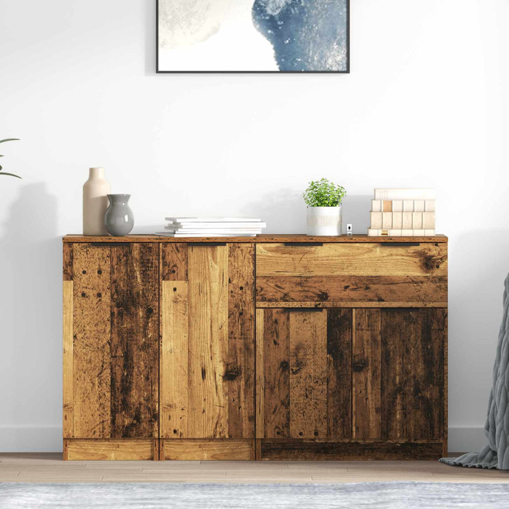 Produktbild för Sideboard med låda 3 pcs Gammalt trä Konstruerat trä