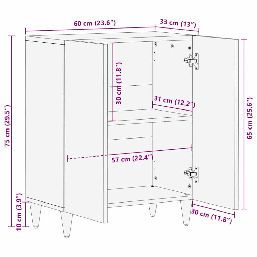 Produktbild för Sideboard Svart 60 x 33 x 75 cm Massivt mangoträ