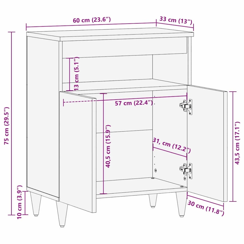 Produktbild för Sideboard med hylla Svart 60 x 33 x 75 cm Massivt mangoträ