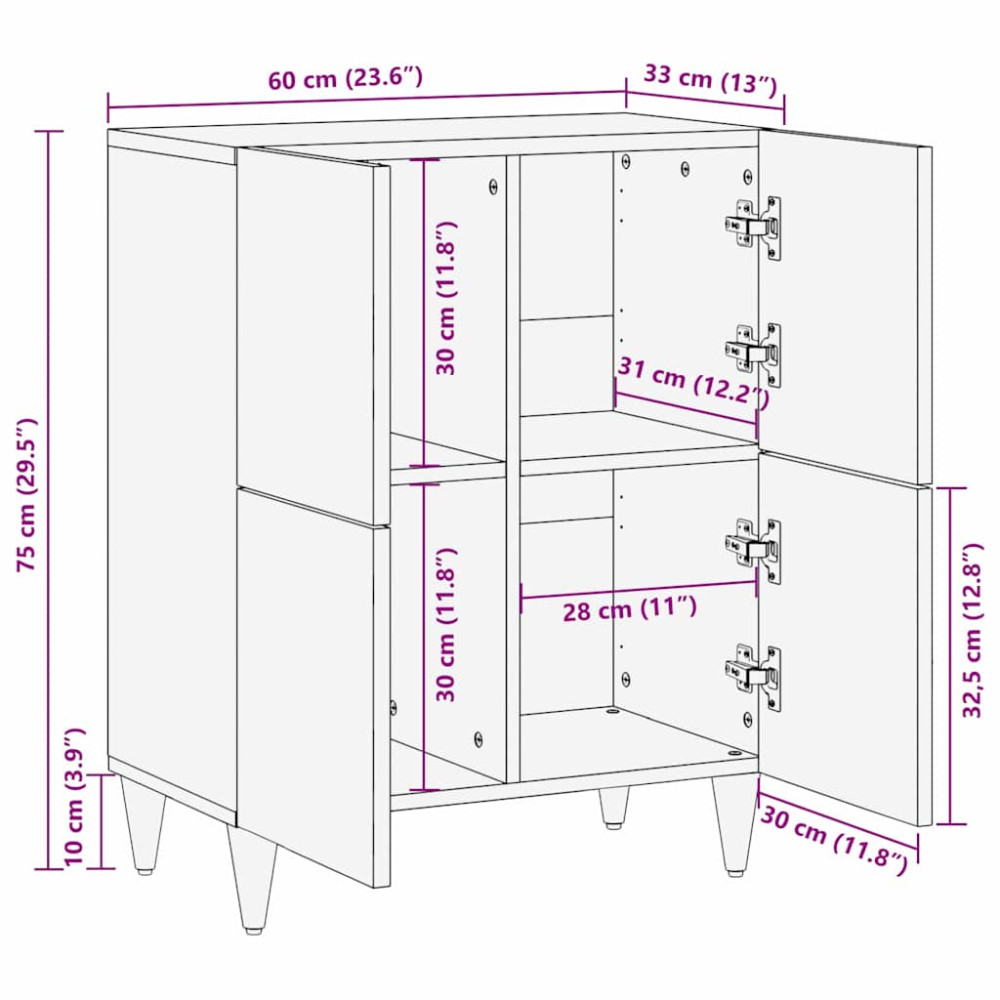 Produktbild för Sideboard med hylla Svart 60 x 33 x 75 cm Massivt mangoträ