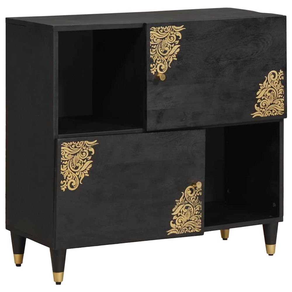 Produktbild för Sideboard med hylla Svart 80 x 33 x 75 cm Massivt mangoträ