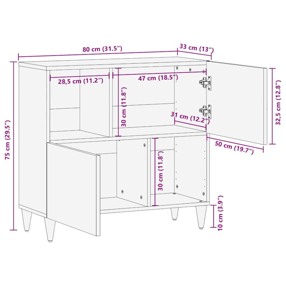 Produktbild för Sideboard med hylla Svart 80 x 33 x 75 cm Massivt mangoträ
