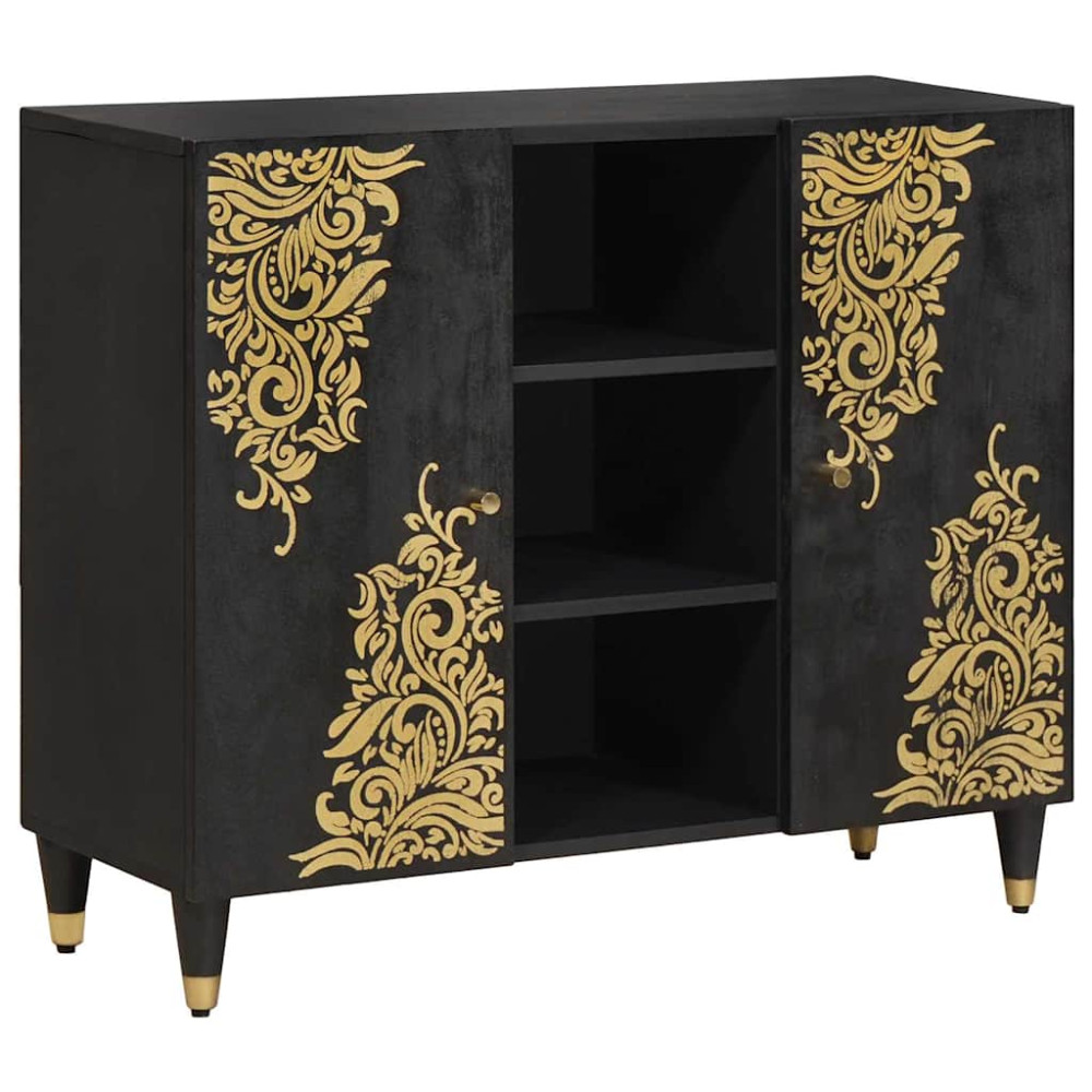 Produktbild för Sideboard med hylla Svart 90 x 33 x 75 cm Massivt mangoträ