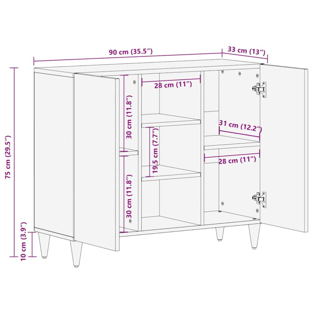 Produktbild för Sideboard med hylla Svart 90 x 33 x 75 cm Massivt mangoträ