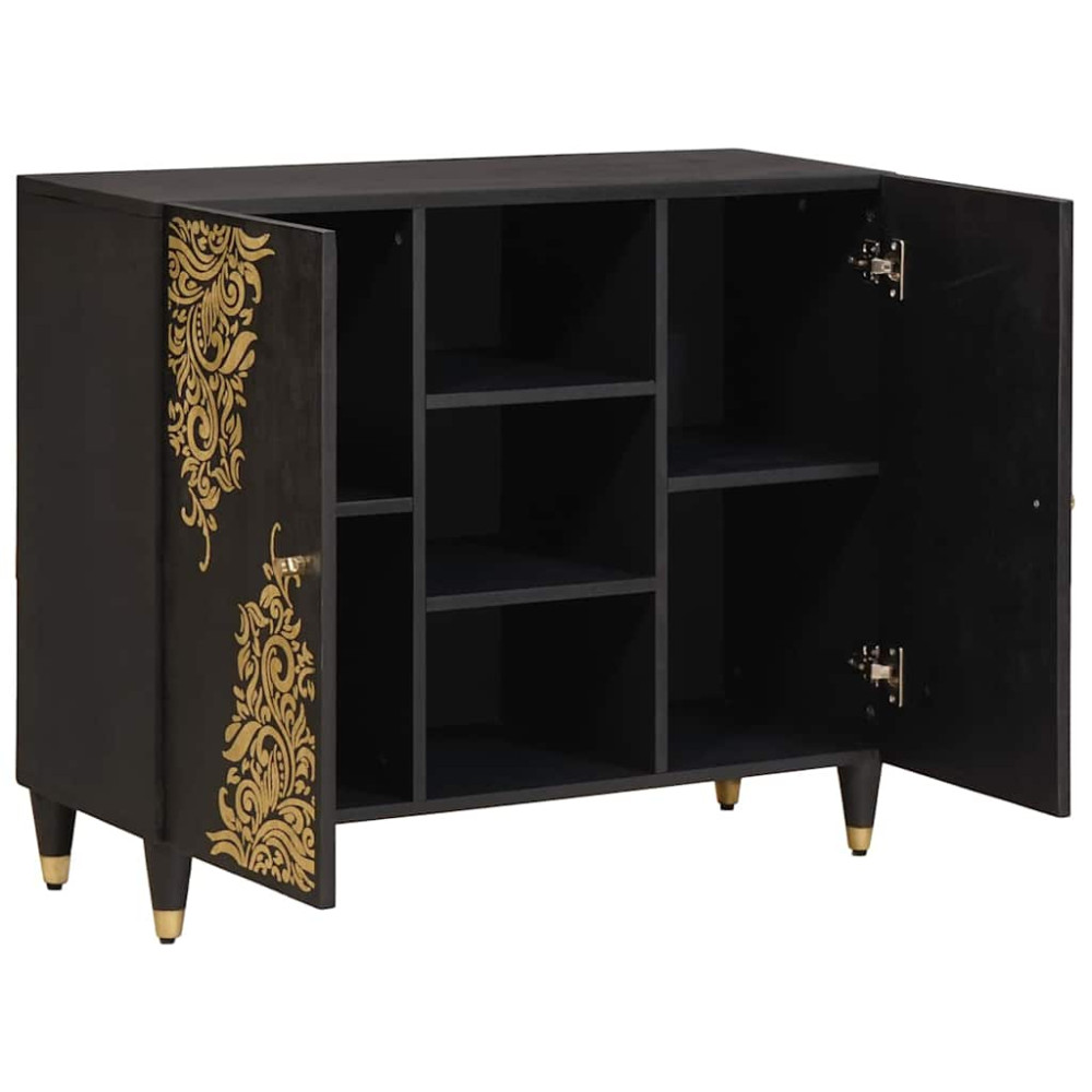 Produktbild för Sideboard med hylla Svart 90 x 33 x 75 cm Massivt mangoträ