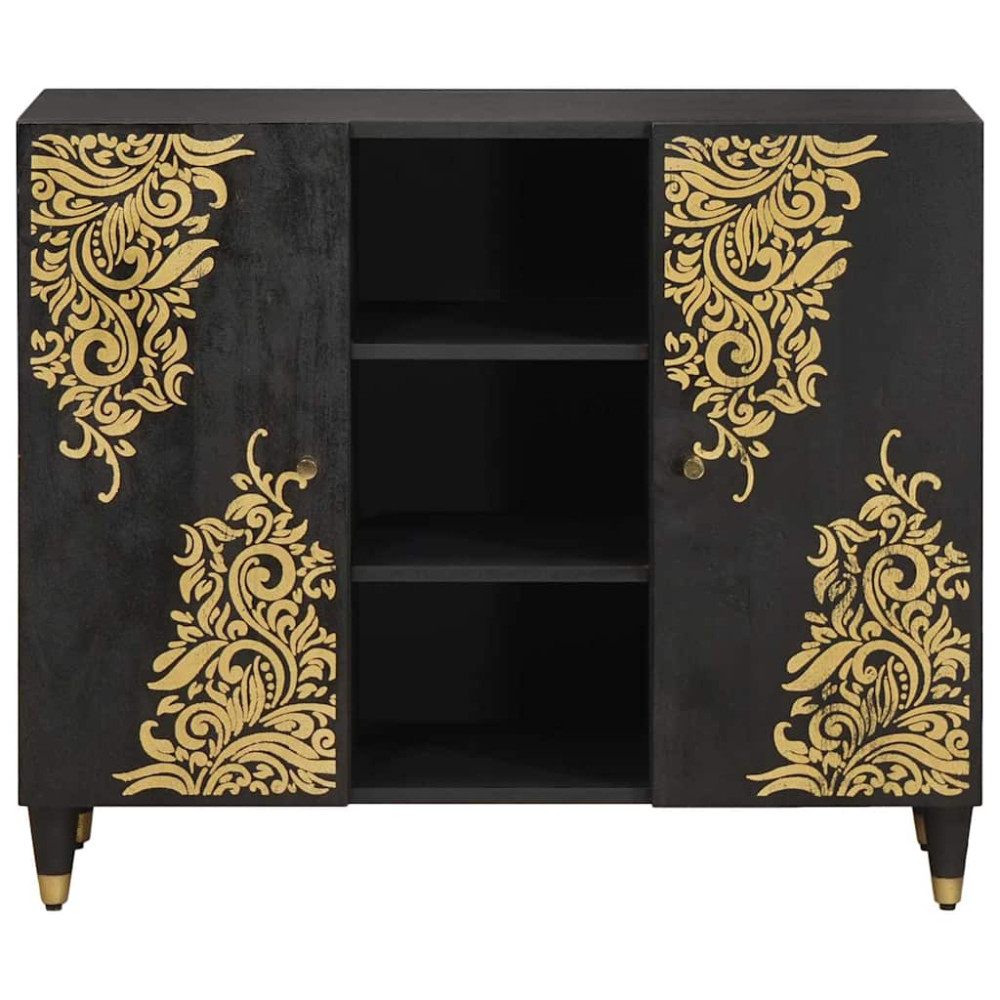 Produktbild för Sideboard med hylla Svart 90 x 33 x 75 cm Massivt mangoträ