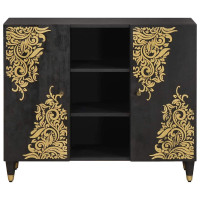Produktbild för Sideboard med hylla Svart 90 x 33 x 75 cm Massivt mangoträ