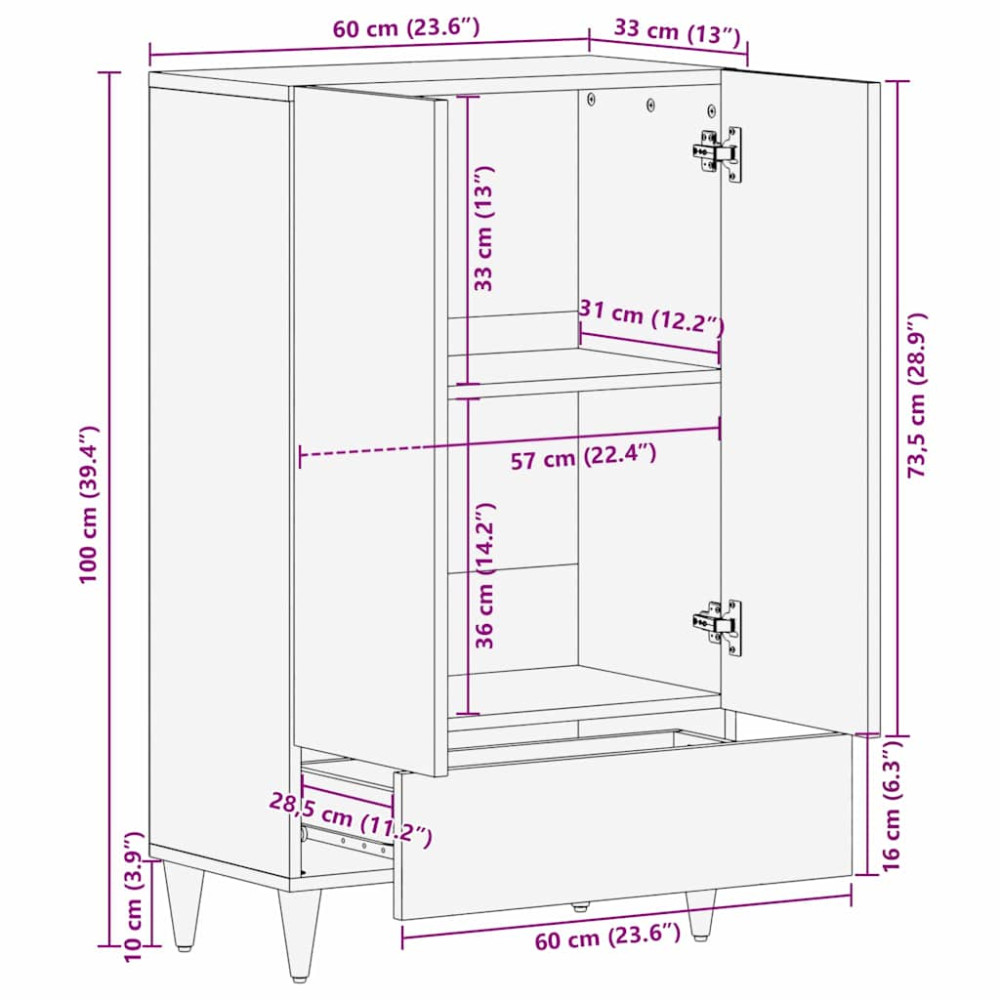 Produktbild för Skåp Svart 60 x 33 x 100 cm Massivt mangoträ