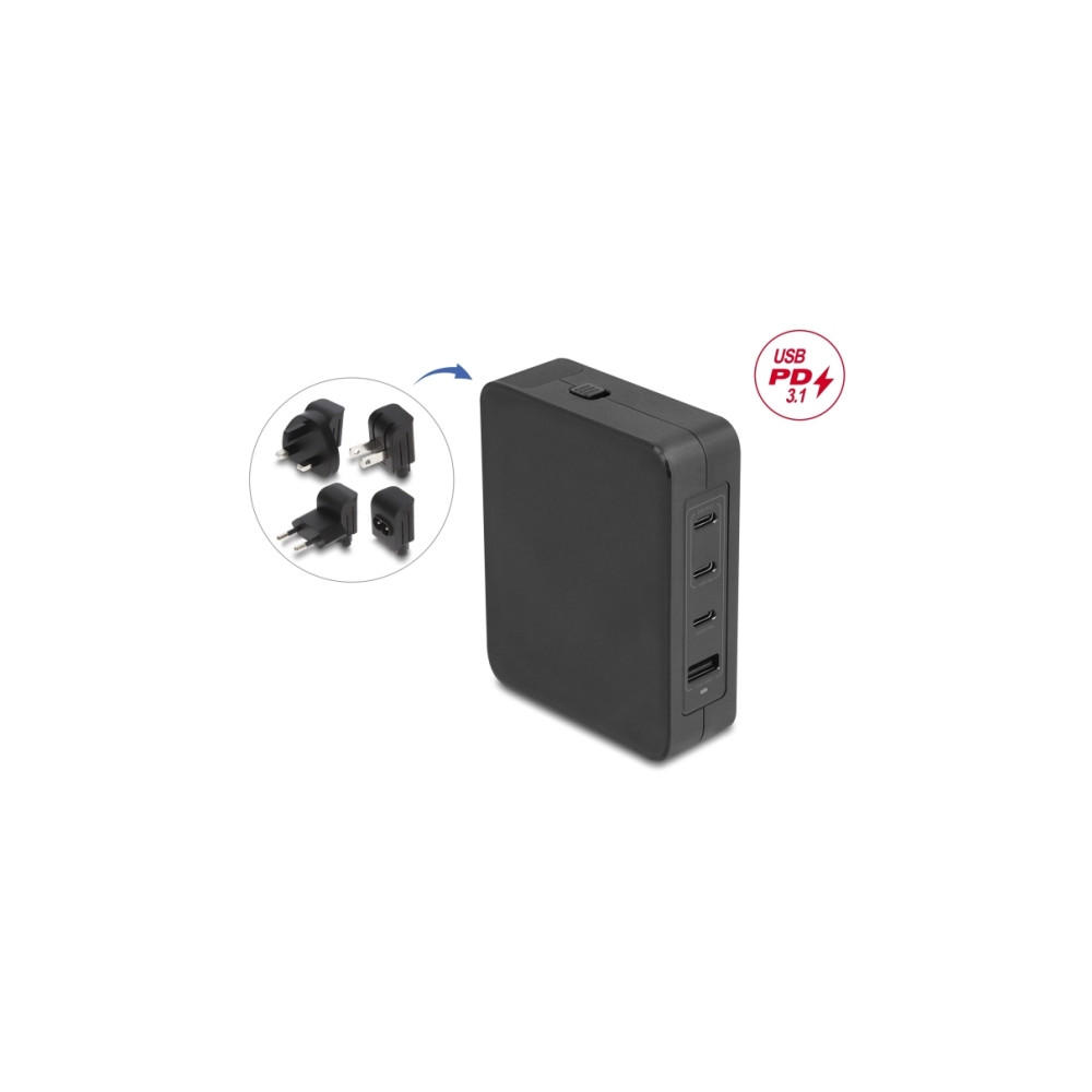 Produktbild för Delock - strömadapter - GaN, 3 x USB-C PD 3.1 och 1 x USB-A med 145W strömadapter EU/US/UK - 145 Watt