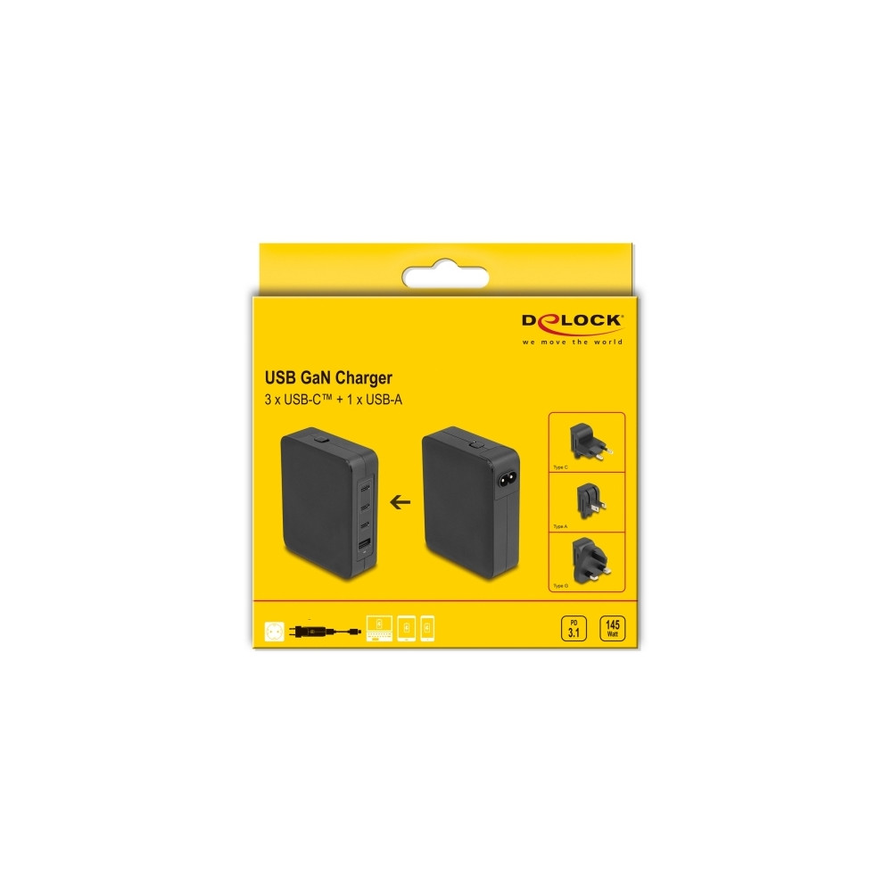 Produktbild för Delock - strömadapter - GaN, 3 x USB-C PD 3.1 och 1 x USB-A med 145W strömadapter EU/US/UK - 145 Watt