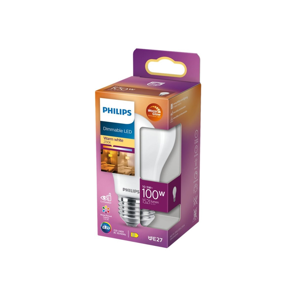 Produktbild för Philips LED Classic - LED-glödlampa - form: A60 - glaserad finish - E27 - 10.5 W - varmt ljus - 2200-2700 K