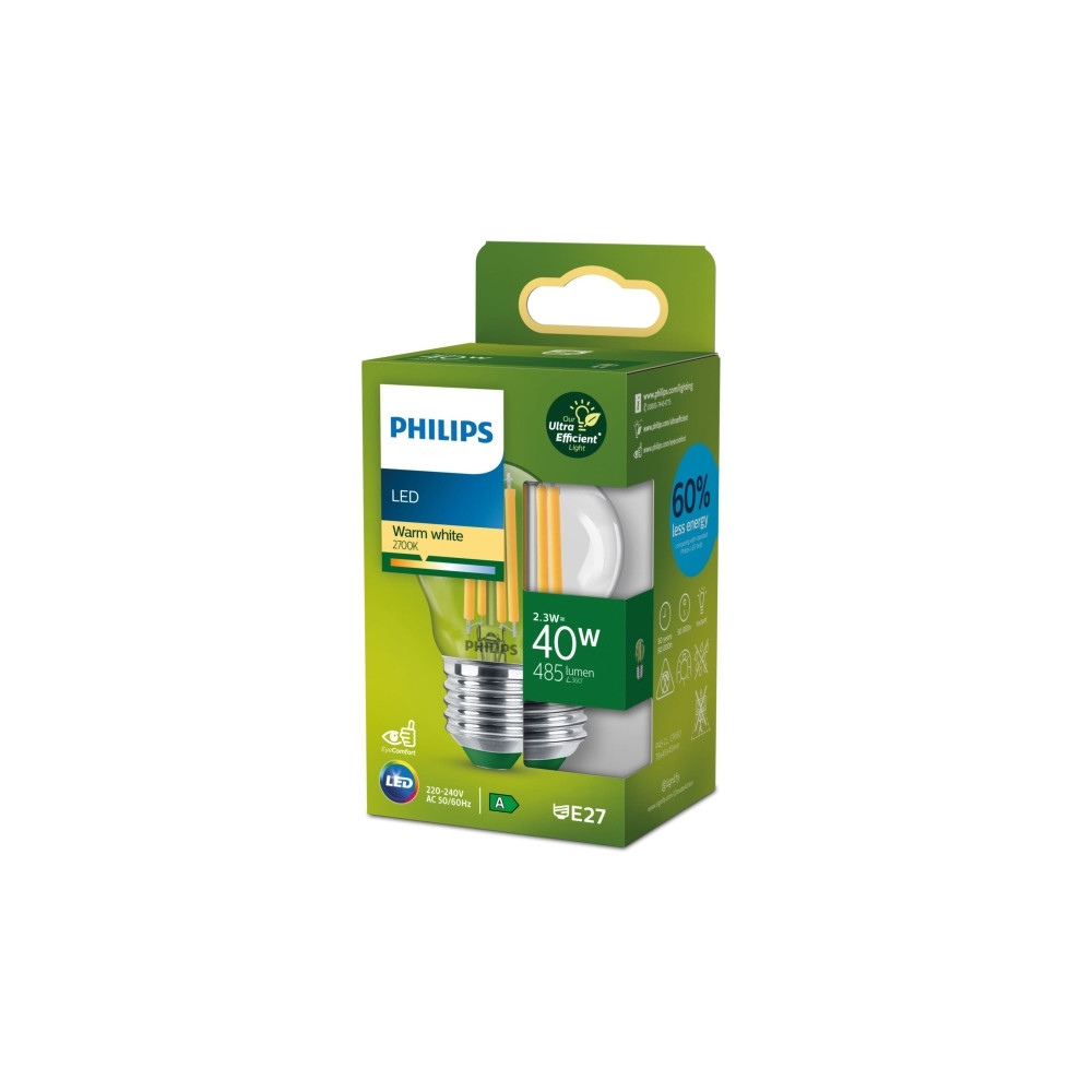 Produktbild för Philips - LED-glödlampa med filament - form: P45 - klar finish - E27 - 2.3 W - varmt vitt ljus - 2700 K