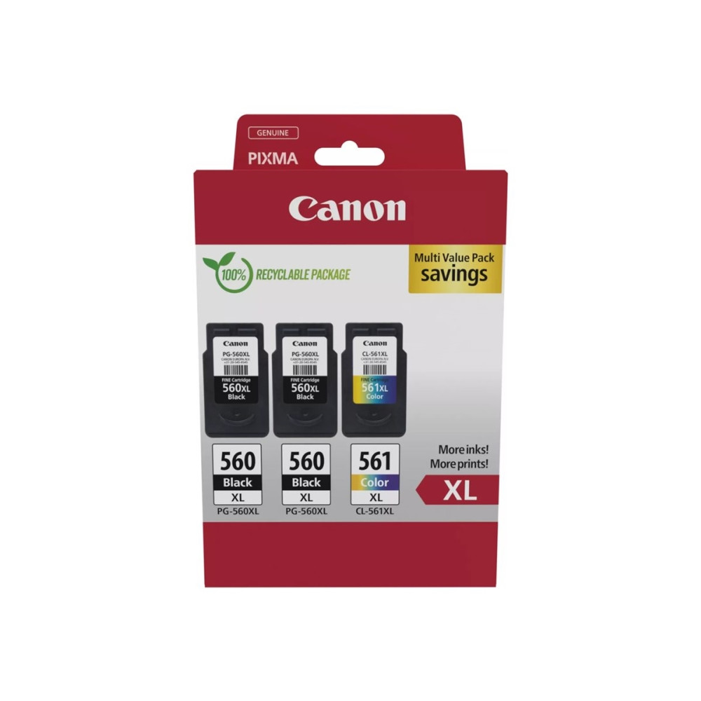 Produktbild för Canon PG-560XL x2/CL-561XL Multi Value Pack - 3-pack - Lång livslängd - svart, färg (cyan, magenta, gul) - original - bläckpatron