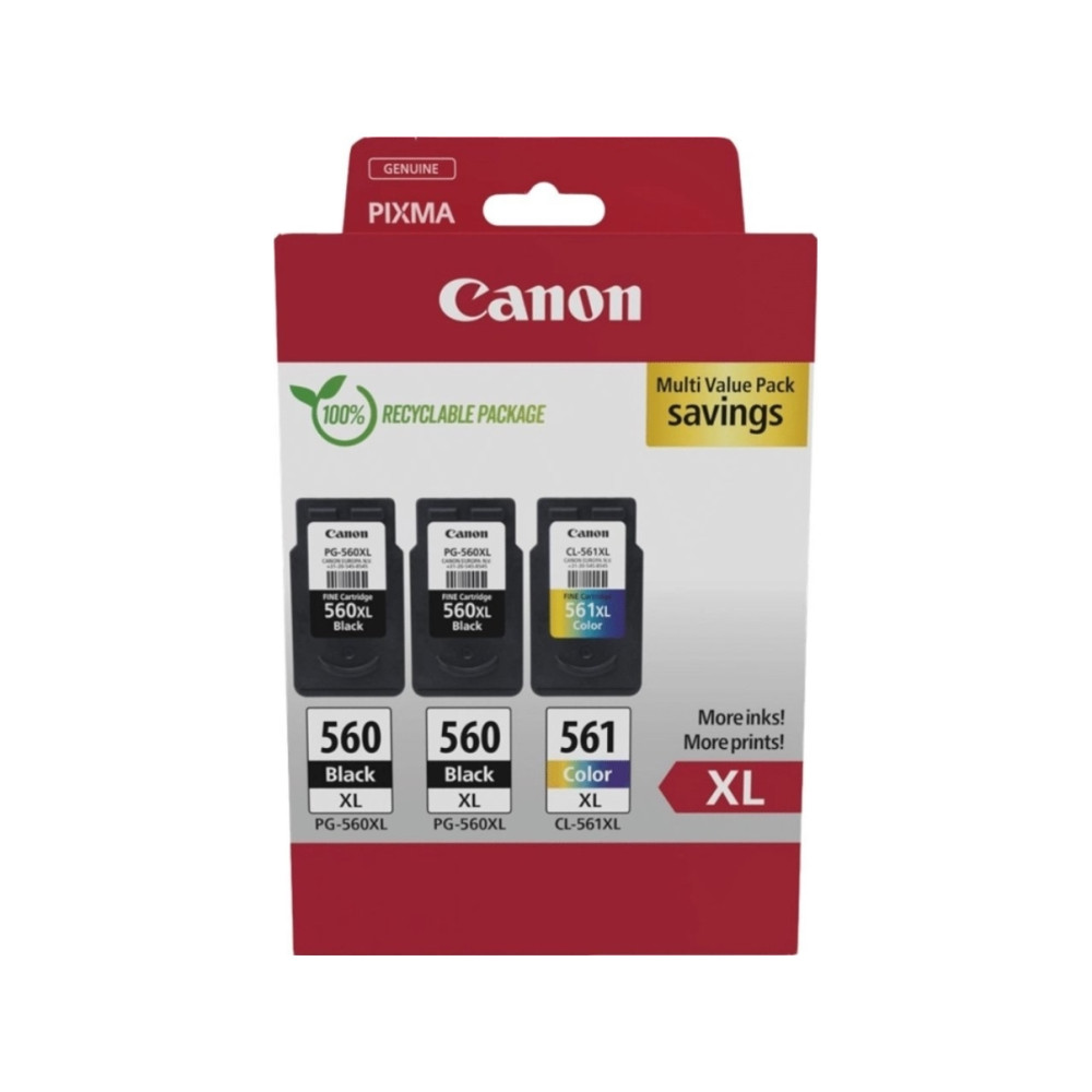 Produktbild för Canon PG-560XL x2/CL-561XL Multi Value Pack - 3-pack - Lång livslängd - svart, färg (cyan, magenta, gul) - original - bläckpatron