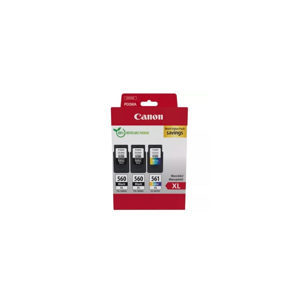 Produktbild för Canon PG-560XL x2/CL-561XL Multi Value Pack - 3-pack - Lång livslängd - svart, färg (cyan, magenta, gul) - original - bläckpatron