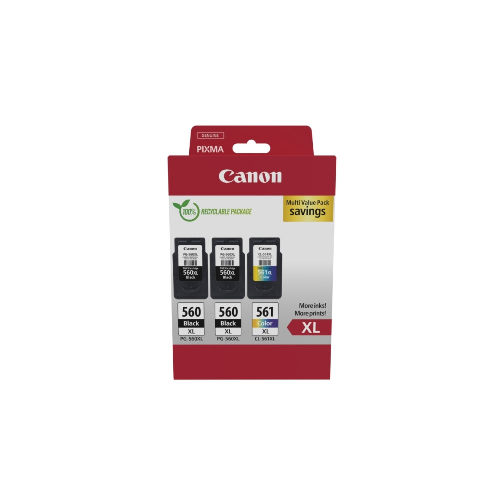 Produktbild för Canon PG-560XL x2/CL-561XL Multi Value Pack - 3-pack - Lång livslängd - svart, färg (cyan, magenta, gul) - original - bläckpatron