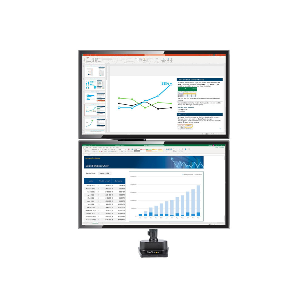 Produktbild för StarTech.com Desk Mount Dual Monitor Arm, Full Motion Monitor Mount for 2x VESA Displays up to 32" (up to 17lb/8kg), Ergonomic Vertical Stackable Arms, Articulating, Height Adjustable - Pole Mount, C-Clamp/Grommet (ARMDUALPIVOT) monteringssats - dubbel ar