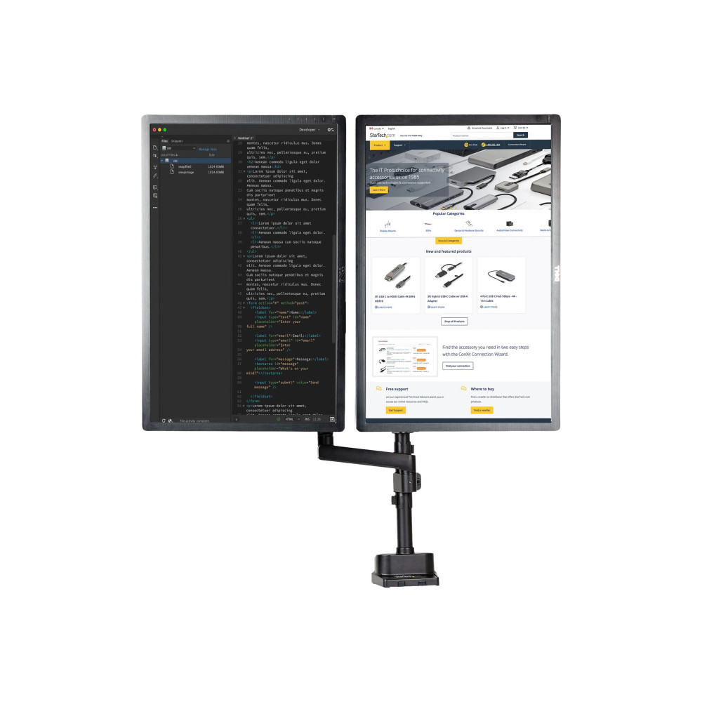 Produktbild för StarTech.com Desk Mount Dual Monitor Arm, Full Motion Monitor Mount for 2x VESA Displays up to 32" (up to 17lb/8kg), Ergonomic Vertical Stackable Arms, Articulating, Height Adjustable - Pole Mount, C-Clamp/Grommet (ARMDUALPIVOT) monteringssats - dubbel ar