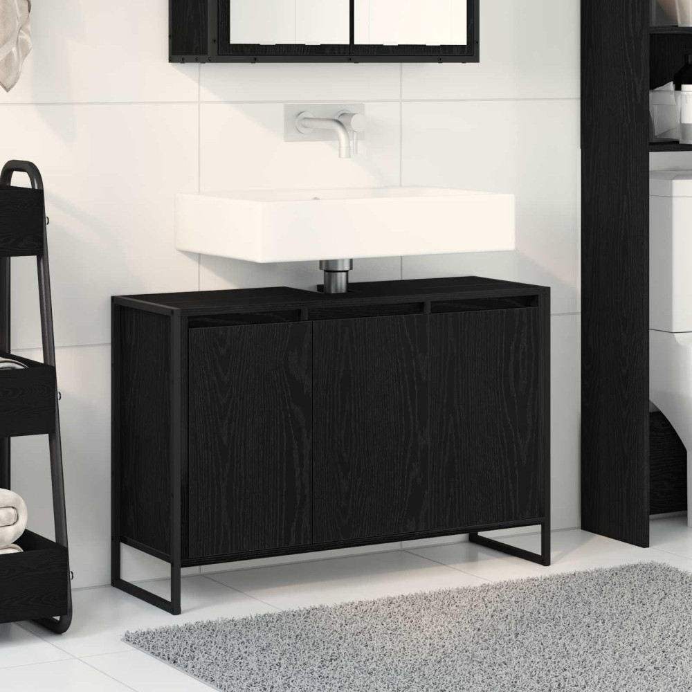 Produktbild för Badrumsskåp med dörr Svart Ek 90 x 30 x 60 cm Konstruerat trä