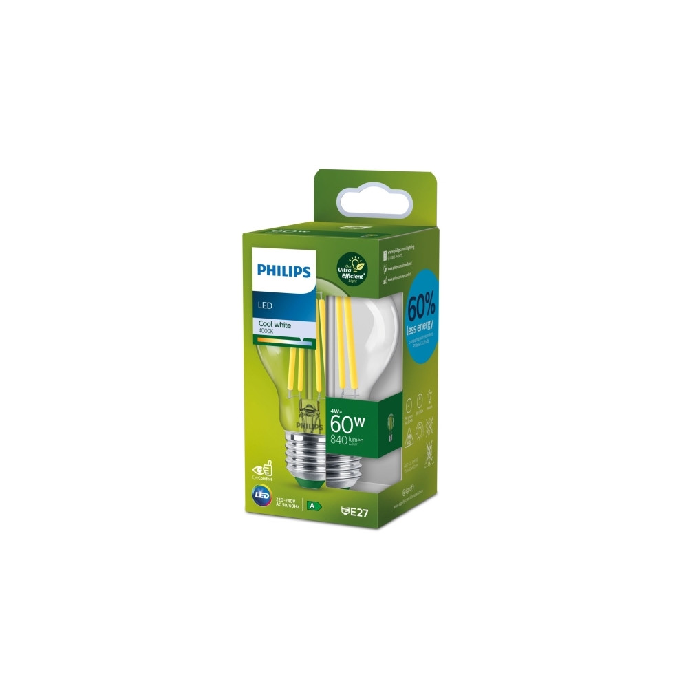 Produktbild för Philips - LED-glödlampa med filament - form: A60 - klar finish - E27 - 4 W - svalt vitt ljus - 4000 K - transparent