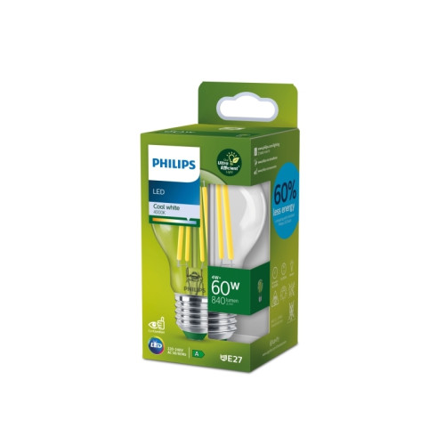 Philips Philips - LED-glödlampa med filament - form: A60 - klar finish - E27 - 4 W - svalt vitt ljus - 4000 K - transparent