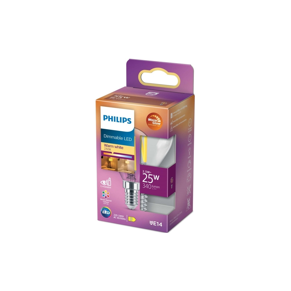 Produktbild för Philips - LED-glödlampa med filament - form: P45 - klar finish - E14 - 2.5 W - varmt vitt ljus - 2200-2700 K
