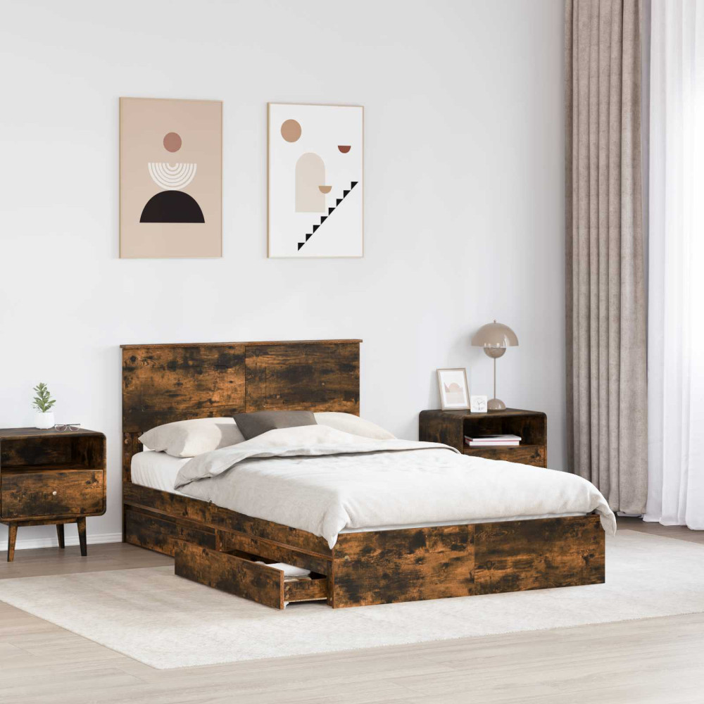 Produktbild för Förvaringssäng med låda Rökt ek 135 x 190 cm Konstruerat trä