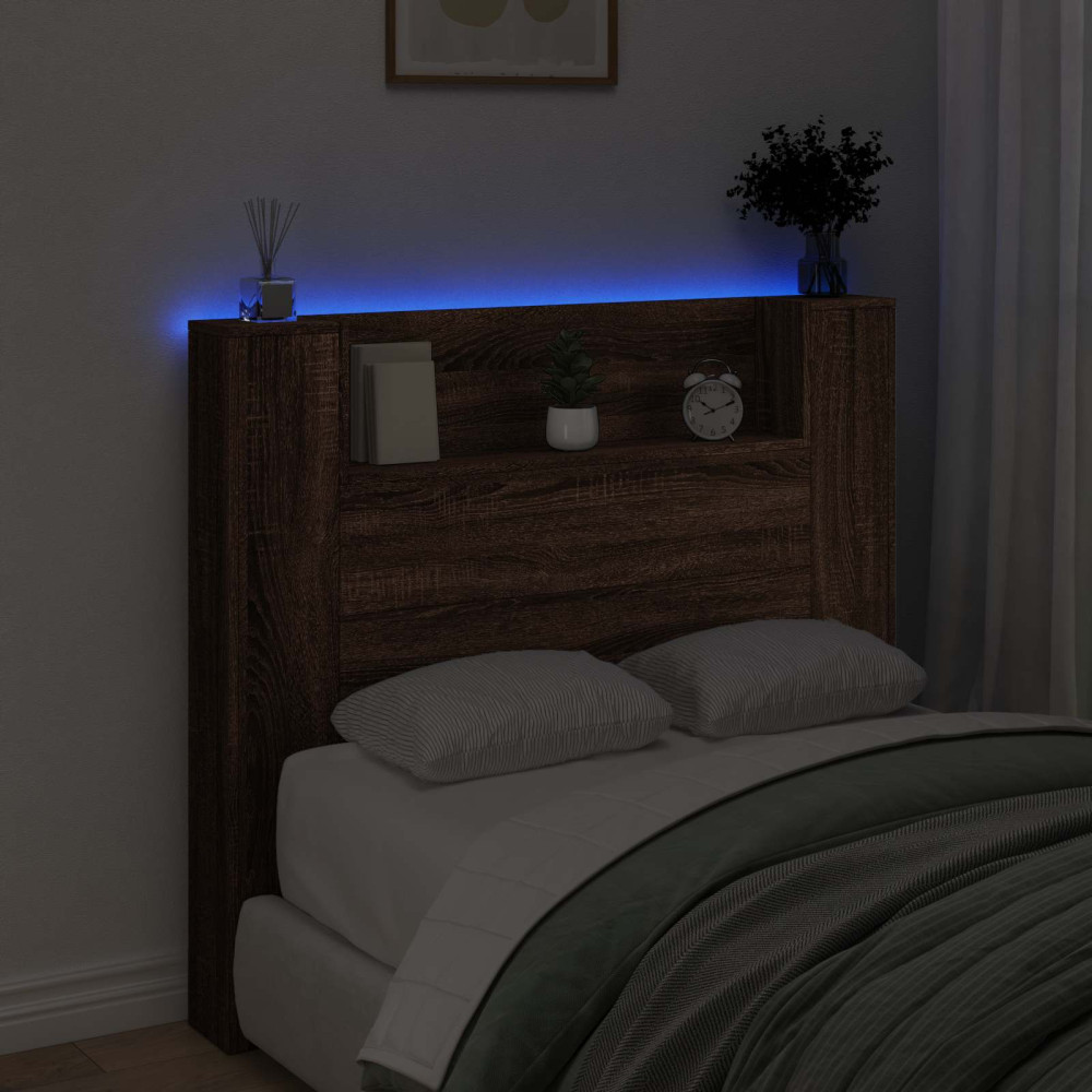 Produktbild för Förvaringssänggavel med LED Brun ek Konstruerat trä