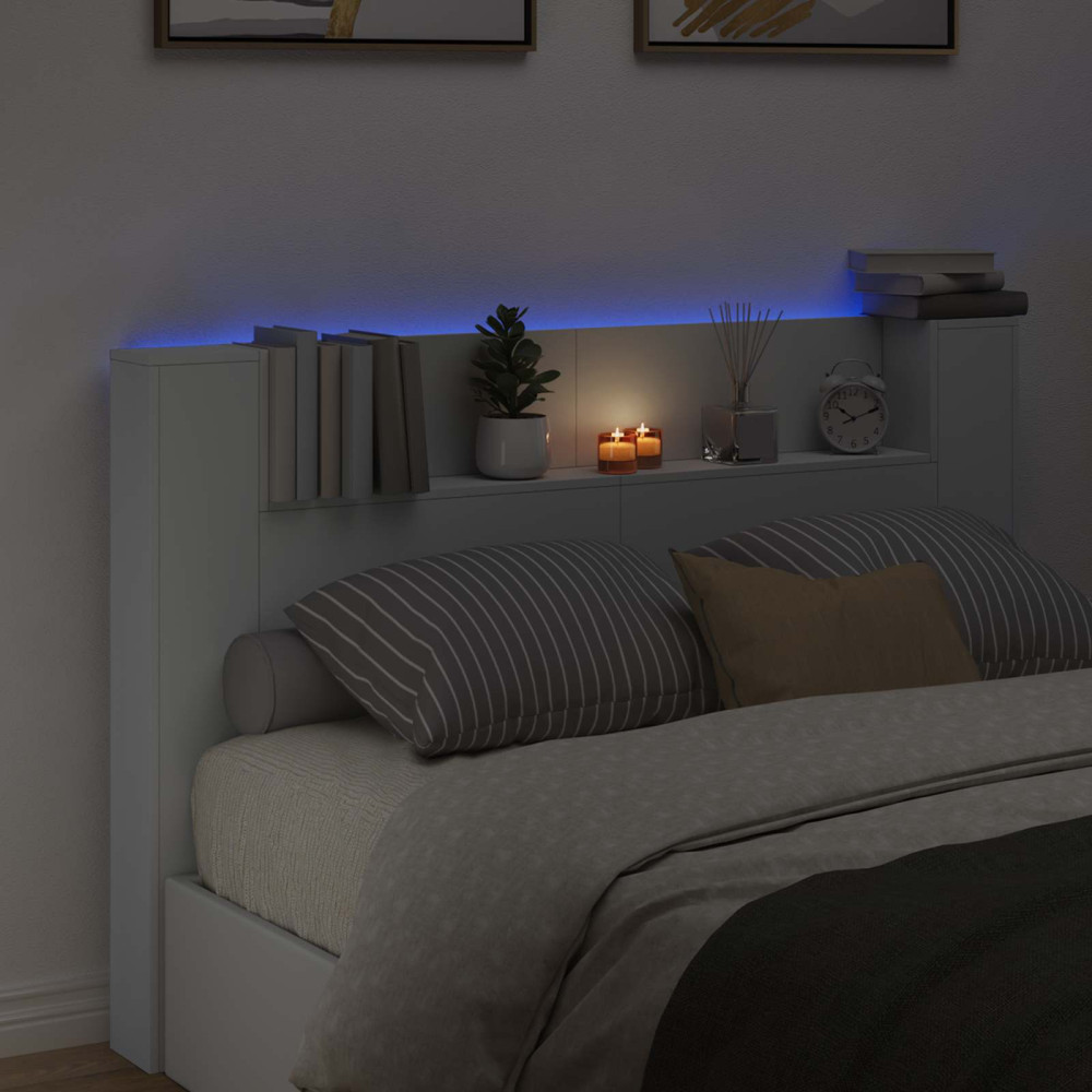 Produktbild för Förvaringssänggavel med LED Vit Konstruerat trä