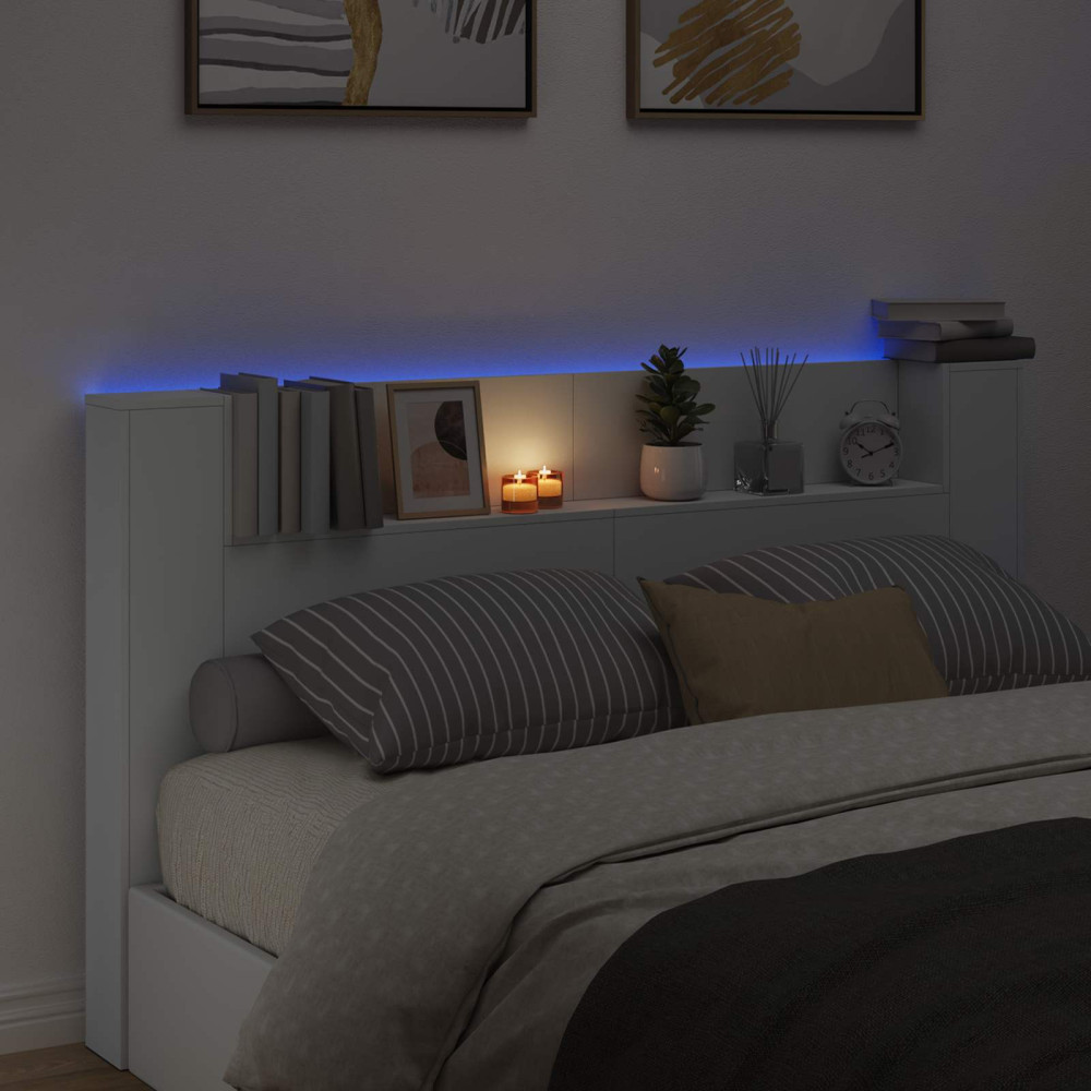 Produktbild för Sänggavel med förvaring och LED Vit Konstruerat trä