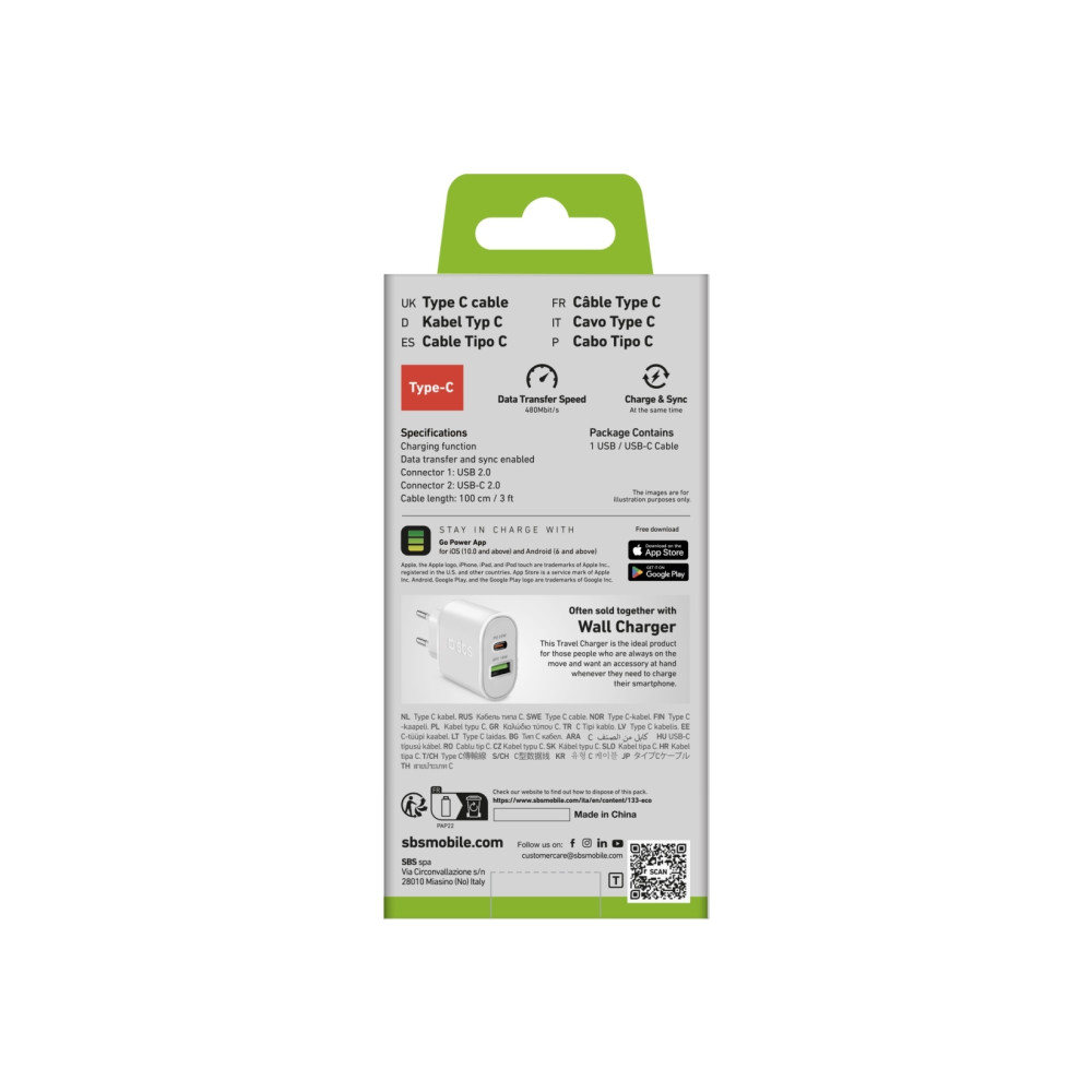Produktbild för SBS TECABLEMICROC10W, 1 m, USB A, USB C, USB 2.0, 0,48 Gbit/...